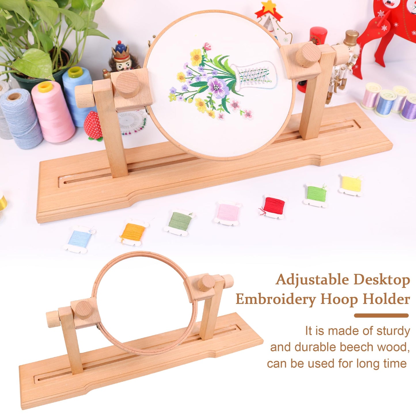 Adjustable Embroidery Hoop Stand, guofa Wooden Cross Stitch Stand Holder for DIY Craft Sewing, Easy Operation Lifesaver Embroidery Supplies