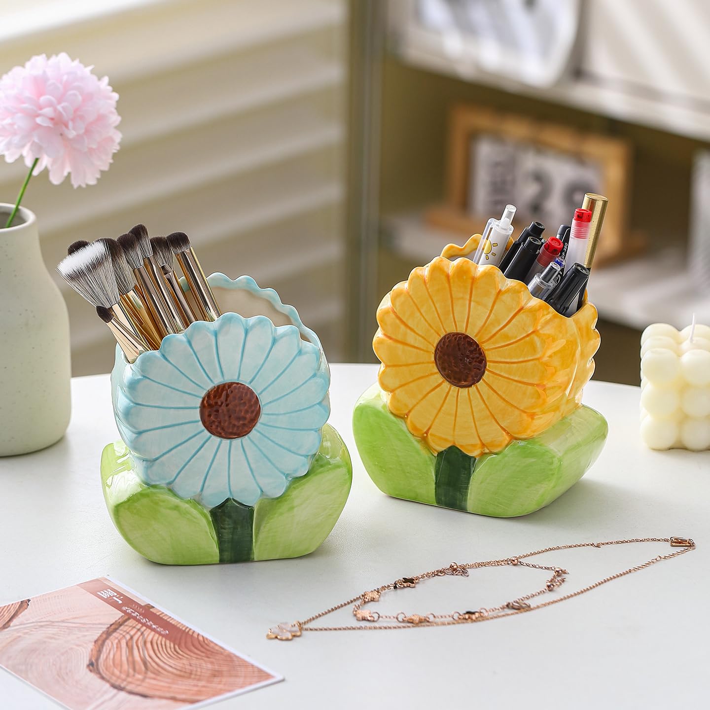 Ceramic Flower Makeup Brush Holder for Women Girls, Cute Pen Pencil Cup Pot for Desk Organizer, Bathroom Toothbrush Holder Home Office Decor (Yellow Sunflower)