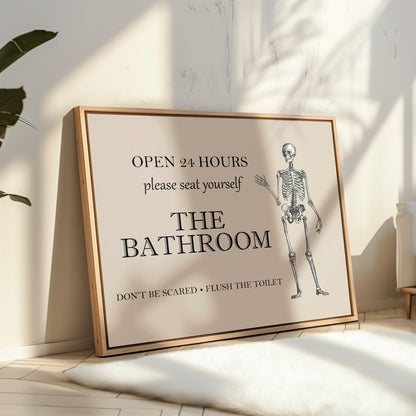 Poster Master The Bathroom Sign Poster - Don't Be Scared Print - Skeleton Art - Halloween Art - Trendy Wall Art - Funny Gothic Bathroom Decorations - Humorous Restroom Decor - 8x10 UNFRAMED Wall Art