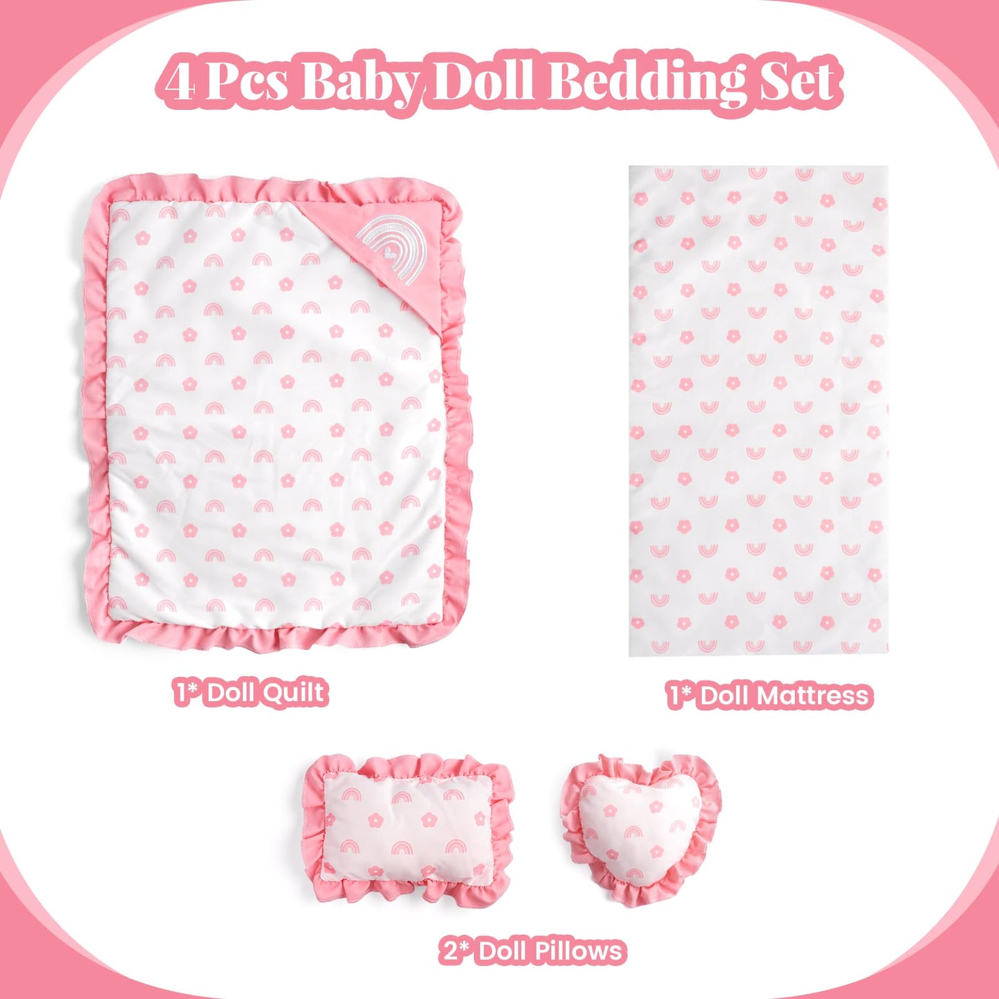 BABESIDE 4 Pcs Baby Doll Bedding Set for 17-22 Inch Babydolls, Babydoll Bed Accessories Dolls Blankets with Pillows for Reborn Baby Doll Accessories, Pink Flower & Rainbow Patterns