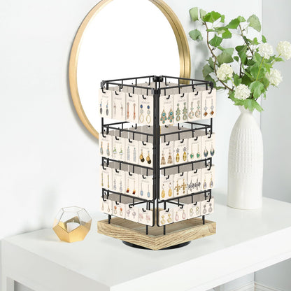 EsLuker.ly Rotating Earring Display Holder Stand for Vendors Events Selling, Large Capacity 64 Hooks Jewelry Rack with Wooden Base for Earring Card Sales, Enhances Retail Display Visibility