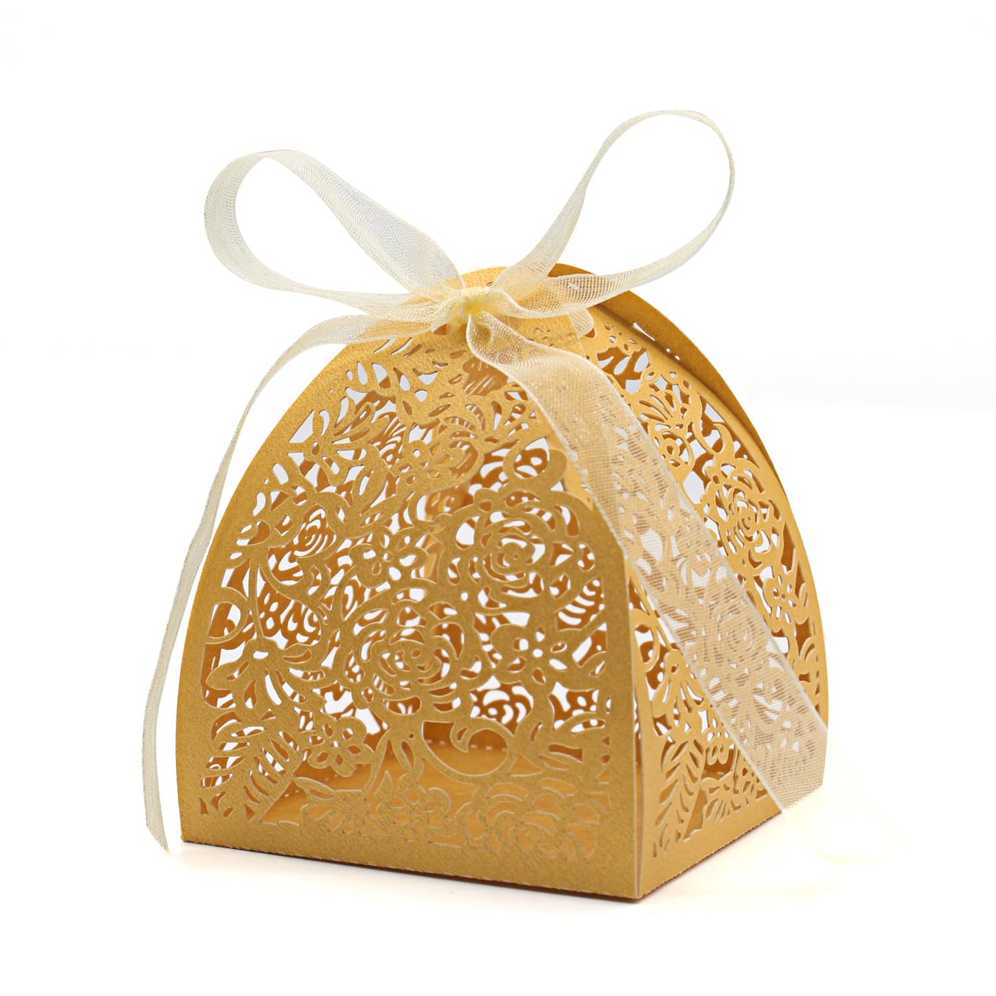 KPOSIYA Pack of 70 Laser Cut Rose Candy Boxes, Favor Boxes 2.5"x 2.5"x 3.1", Gift Boxes for Bridal Shower Anniverary Birthday Party Wedding Favor Gold (Rose box 70)