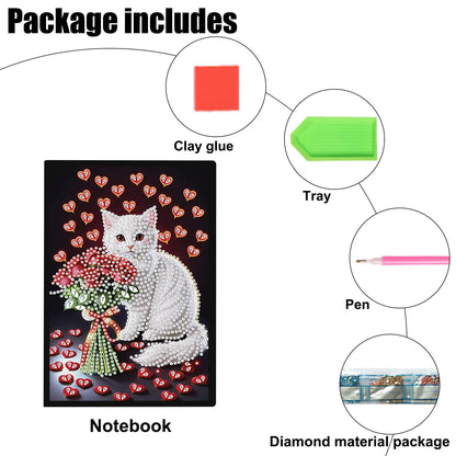 SHEGZHUC Diamond Painting Notebook Journal A5 Blank 14.5x21cm/5.7×8.26in Diamond Painting Composition Journaling Notebooks Notepad Sketchbook Diary Special Drills Girls Gifts || Cat Rose Heart Flowers