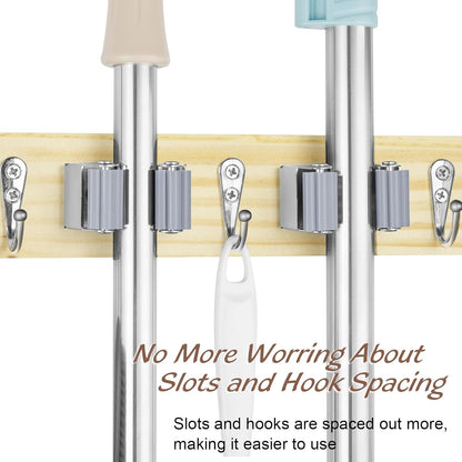 OUTNILI Mop and Broom Holder Wall Mount - Light Wood Organizer with 4 Slots & Hooks for Garage, Closet, Kitchen