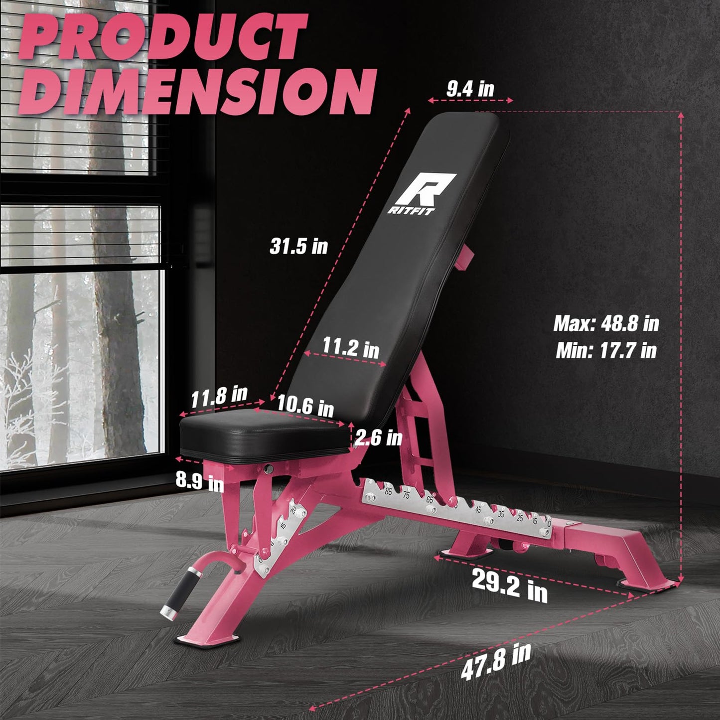 RITFIT Adjustable Weight Bench with Multiple Back Positions for Full Body Workouts, Incline, Decline, and Flat Settings for Home Gym Strength Training, 1300LB Capacity (Pink,with 2x5lb round dumbbells)