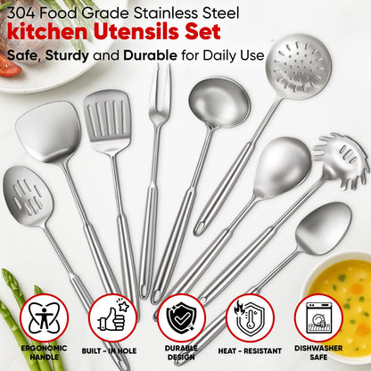 5 Pcs Newness Cooking Utensils Set, 304 Stainless Steel Kitchen Utensils Set, Metal Kitchen Accessories, Include Soup Ladle, Slotted Skimmer Spoon, Spaghetti Spoon and Spatula, Dishwasher Safe