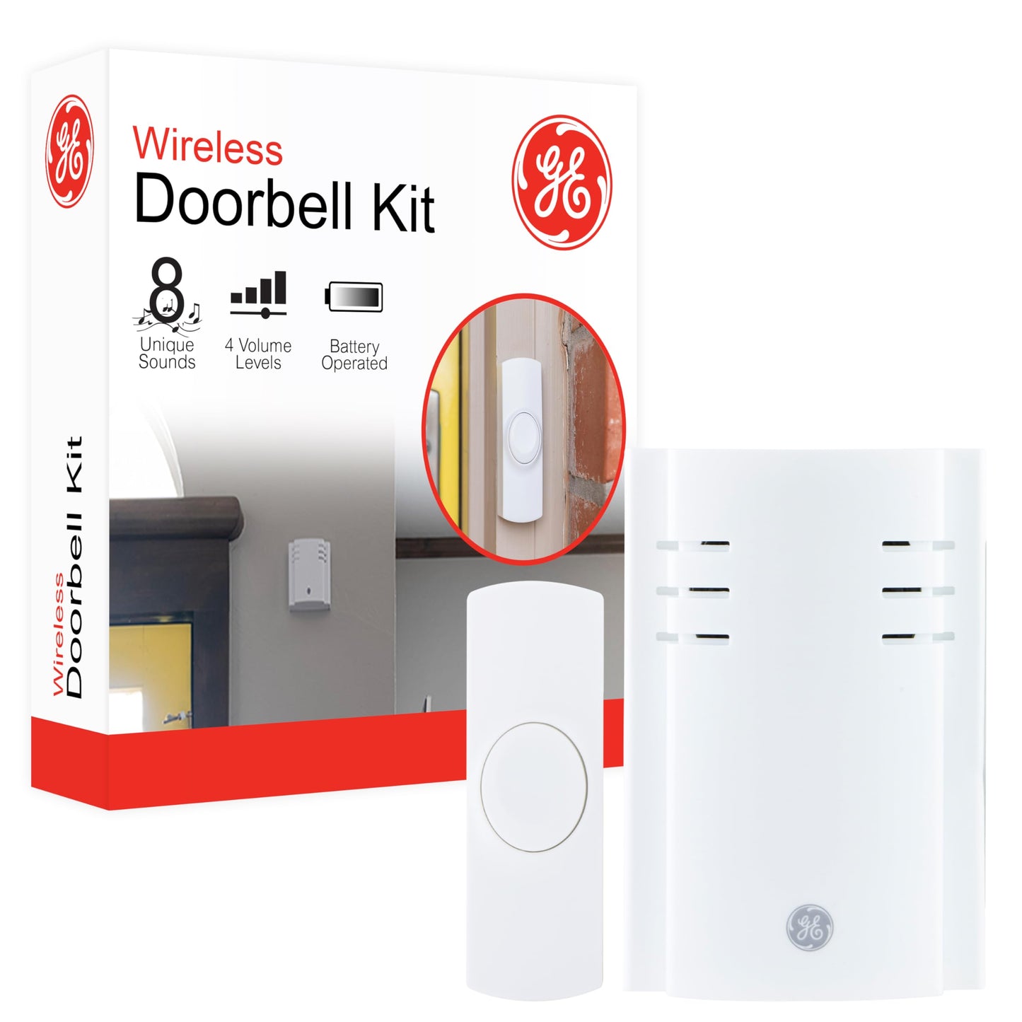 GE Wireless Doorbell Kit, Plug-In Receiver, 1 Push Buttons Door Bell, 2 Melodies Doorbell Chime, 4 Volume Levels, Classroom Doorbell, 150 Ft Range, White, 19298