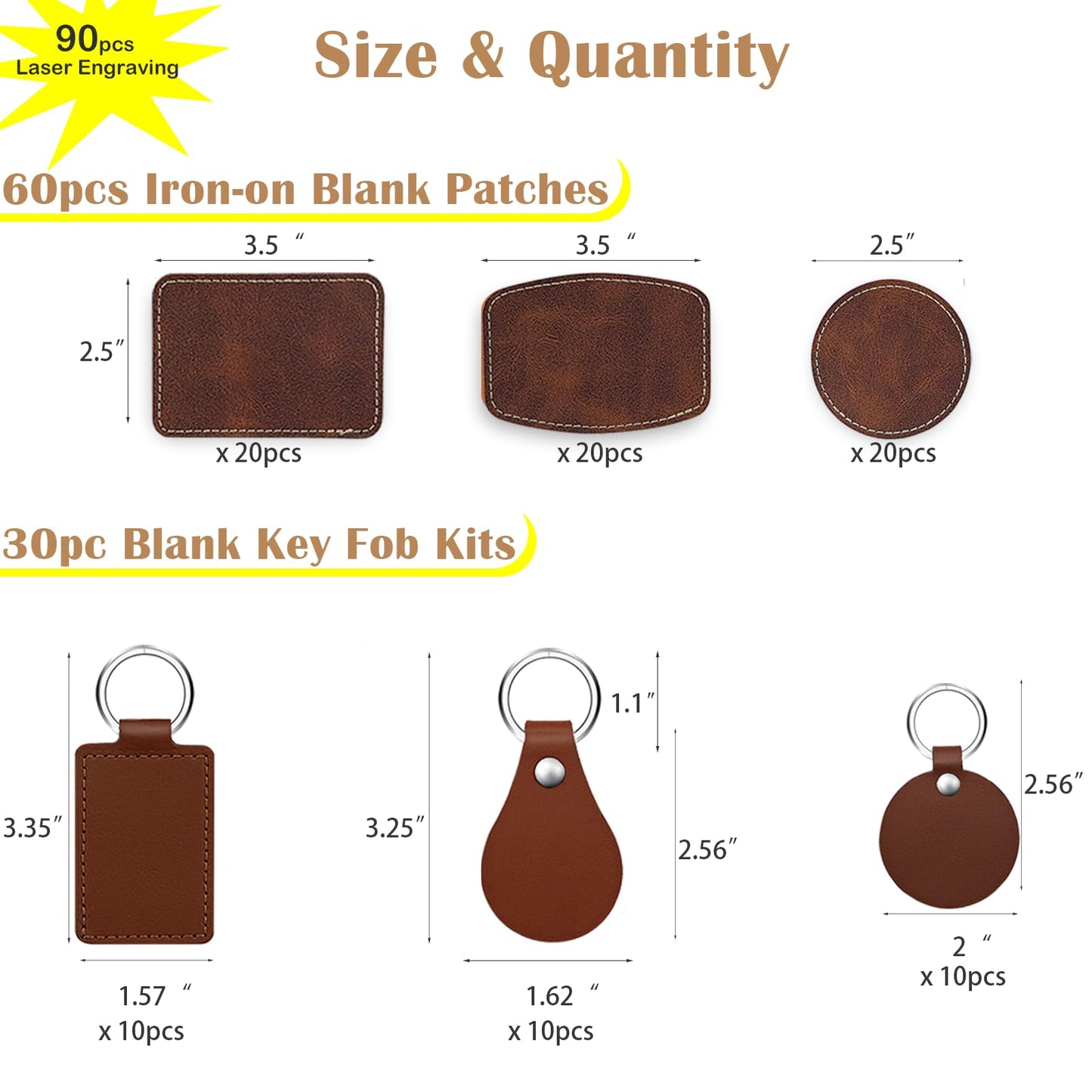 iFForce 90 Pcs Lasable Engravable Blanks - Leatherette Iron on Hat Patches & PU Leather Key Fob Kit for DIY Custom Laser Engraving Craft Gifts
