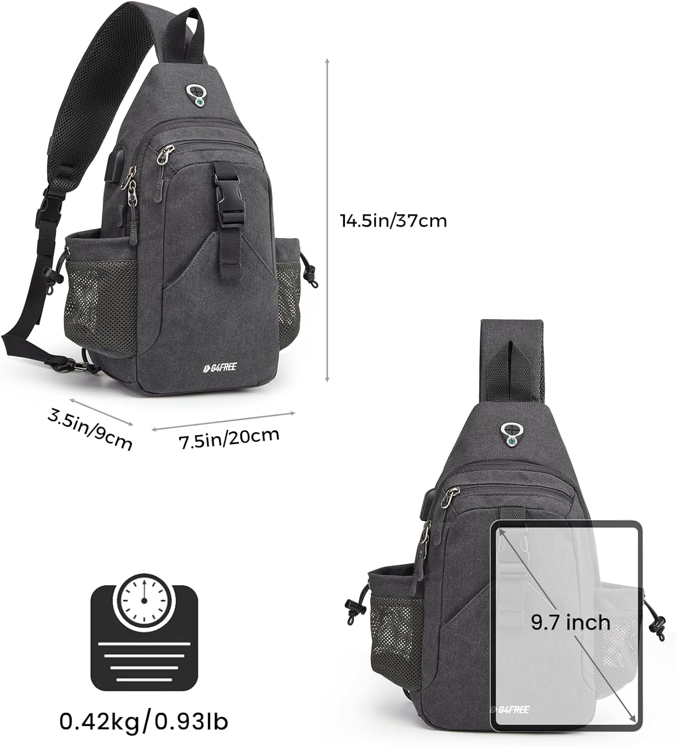 G4Free Canvas Sling Bag Crossbody Backpack with USB Charging Port & RFID Blocking, Hiking Daypack Chest Bag for Women Men