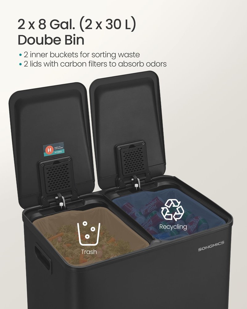 SONGMICS Trash Can, 2 x 8 Gallon (2 x 30 L) Dual-Compartment Garbage Can with Soft-Close Lid, Pedal and Inner Buckets, Stainless Steel, Includes 15 Liner Bags, Ink Black ULTB741B01