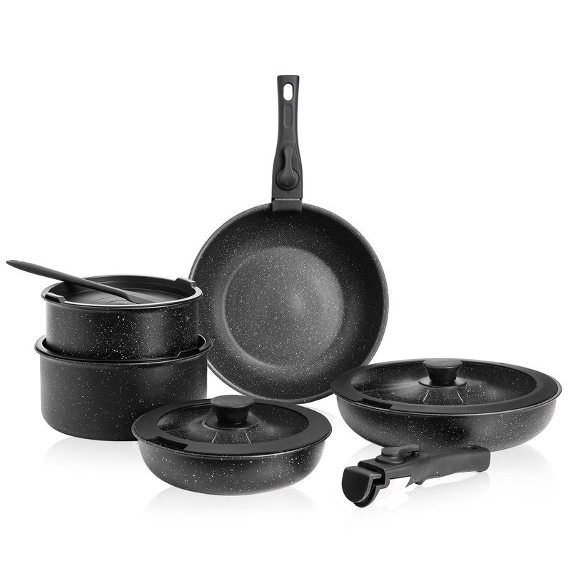 12 Pcs Pots and Pans Set, Nonstick Kitchen Cookware Sets Detachable Handle, Induction Healthy Non Stick RV Cookware, Dishwasher ＆ Oven Safe, Black