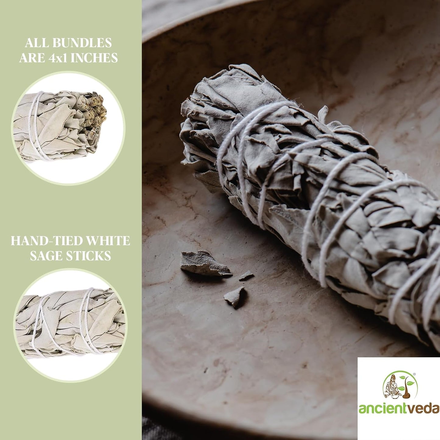 Ancient VEDA 4 Inch White Sage Smudge Sticks Bulk with Starter Guide, 6 Pack, for Cleansing House, Yoga