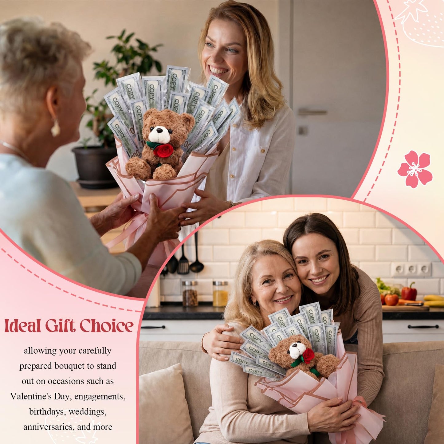 Mimorou DIY Money Bouquet Kit with Teddy Bear, Graduation 2026 Gift, Cash Flower Bouquet Wrapping Set for Birthday, Anniversary Present for Wife Grandma(Floral Bear,Pink Gold)