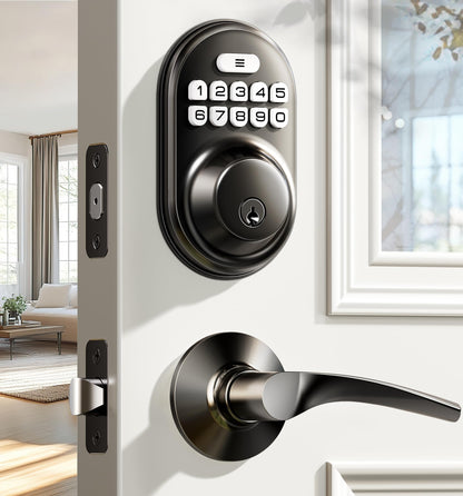 Veise Keyless Entry Door Lock with 2 Lever Handles - Electronic Keypad Deadbolt, Auto Lock, Back Lit & Easy Installation Design, Front Door Handle Sets, Satin Nickel