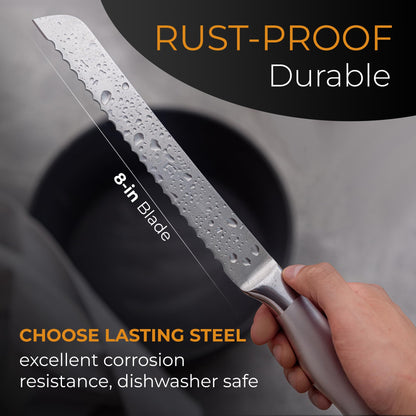 Orblue Serrated Bread Knife with Upgraded Stainless Steel Razor Sharp Wavy Edge - Bread Cutter Ideal for Slicing Homemade Bagels, Cake (8-Inch Blade with 5-Inch Handle)