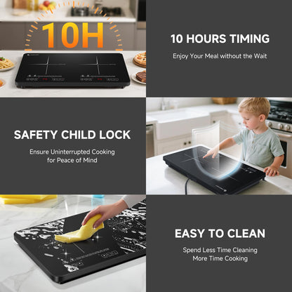 AMZCHEF Portable-Induction-Cooktop-2-Burner-ETL-Certified: 18 Power & 20 Temperature Levels Induction Burners 1800W, Independent Control,10-hour Timer, Safety Lock, Low Noise Electric Cooktops