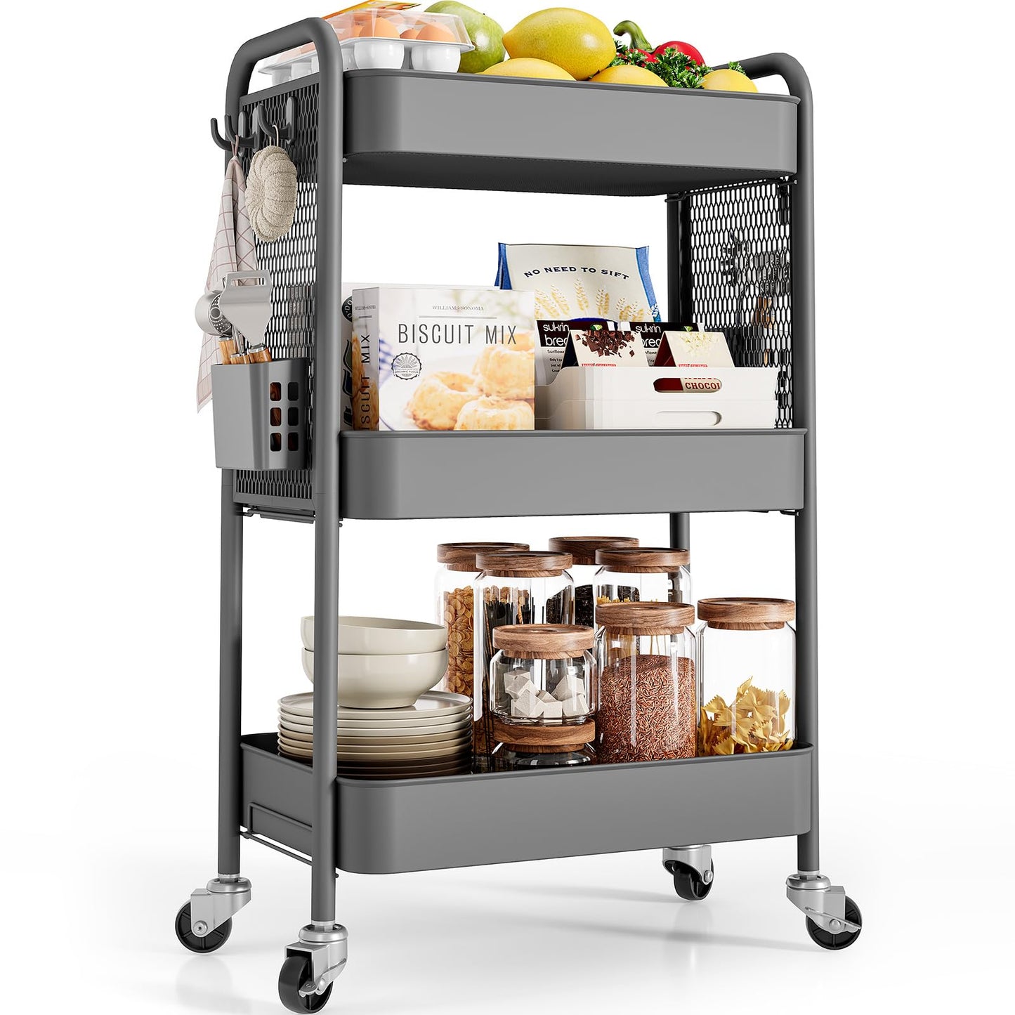 TOOLF 3 Tier Rolling Cart Storage Organizer, Metal Rolling Utility Cart with Wheels, Hooks & Bins Esthetician Craft Art Sturdy Storage with Pegboard for Bathroom, Kitchen, Office, Nursery Diaper