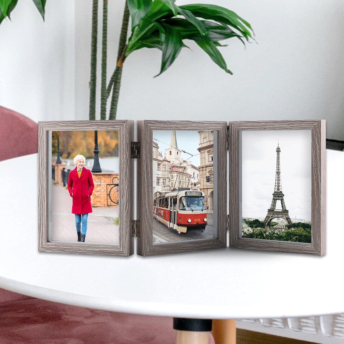 5x7 Triple Hinged Picture Frames Shadow Box MDF Wood Grey with Real Glass 3 Vertical Opening Family Lover Gift