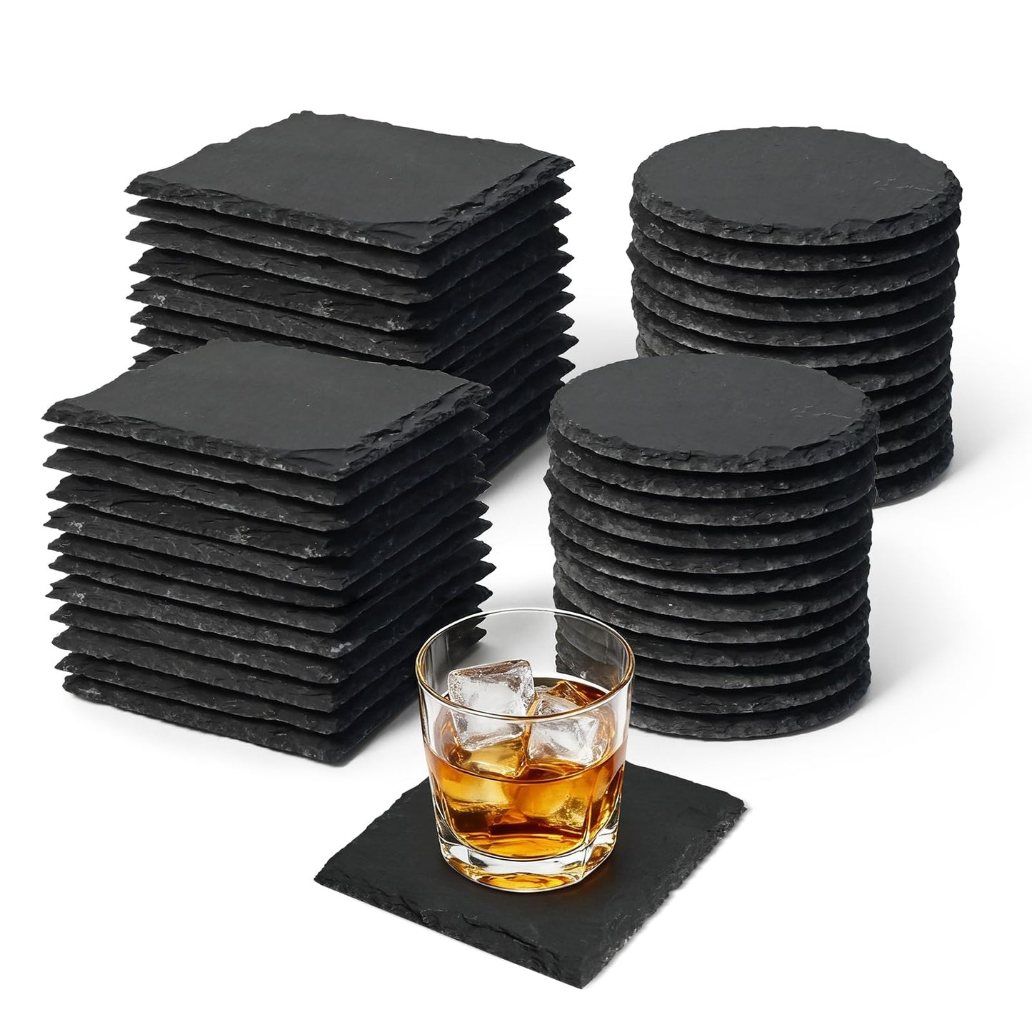 48 Pack 4 Inch Slate Coasters,Black Blank Slate for Laser Engraving,Square & Round Slate Coasters Bulk for Home & Bar Table Protection (24 Square + 24 Round)