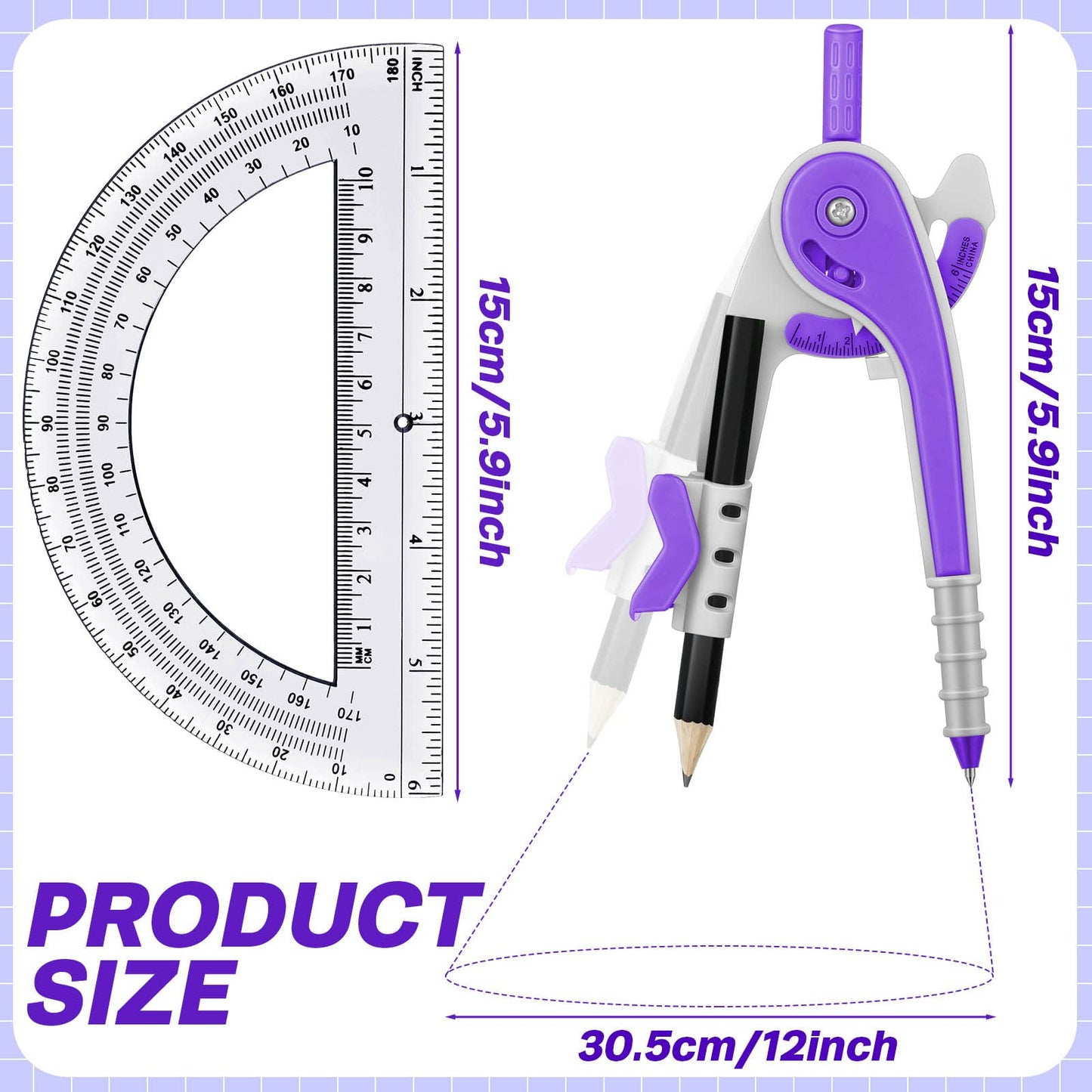 Seajan 24 Sets Compass and Protractor Set Geometry Compass with Pencil 6 Inch Drawing Tool Protractor for Geometry Bulk for Office Drafting Drawing