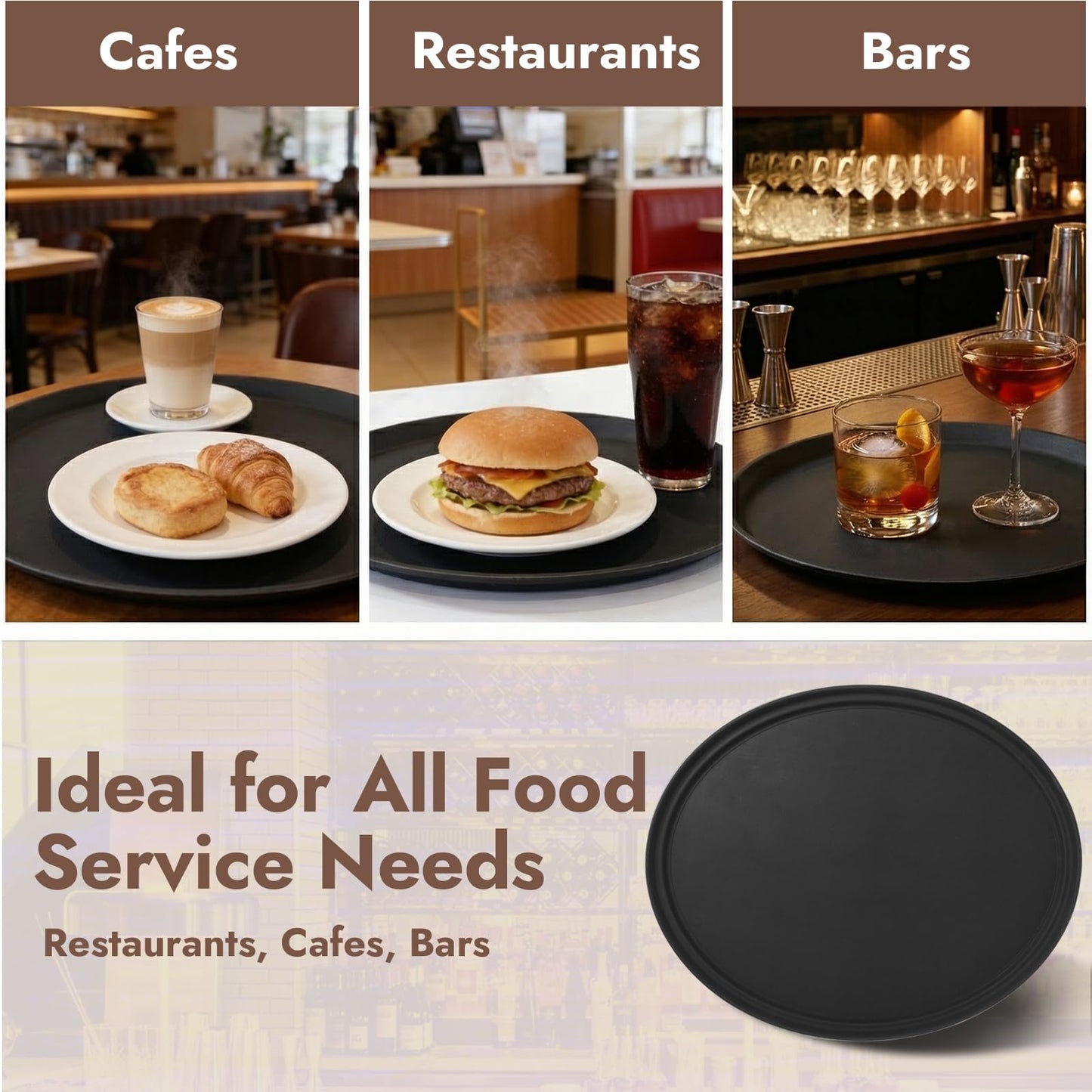 CURTA 2-Pack Restaurant Grade Non-Slip Tray, NSF, Oval 22-Inch x 27-Inch, Plastic Rubber Lined Round Serving Tray, Black