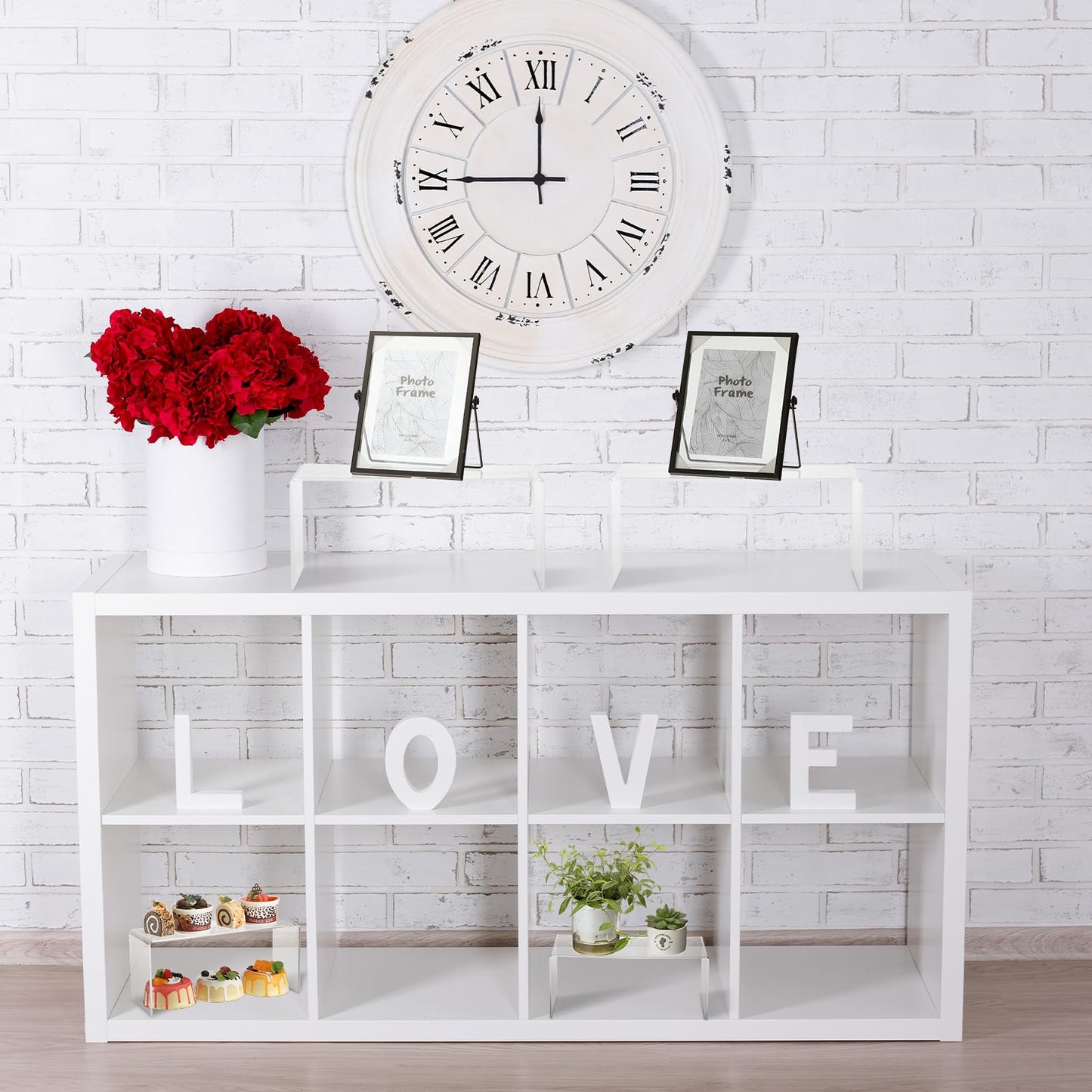 Soaoo 4 Pcs Large Acrylic Riser Display Stands Clear Shelf Riser Jewelry Stand Retail Desktop Display for Show Decor Cupcake, Collectibles Figures, Organize, Decor(10.25 x 4 x 4.25 Inches)