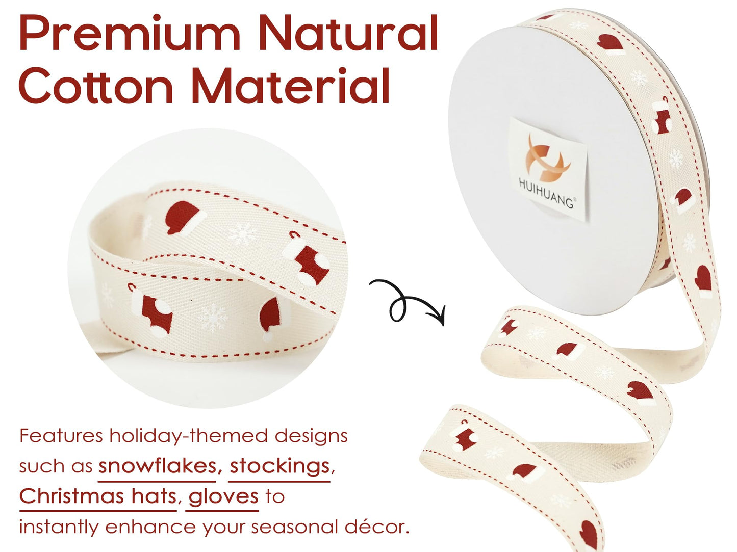 HUIHUANG Rustic White Christmas Ribbon for Gift Wrapping 7/8" Wide x 25 Yards Twill Cotton Ribbon with Snowflake & Stocking Ribbons for Home Decor, Tree Ornaments, Wreaths, DIY Crafts