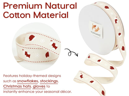 HUIHUANG Rustic White Christmas Ribbon for Gift Wrapping 7/8" Wide x 25 Yards Twill Cotton Ribbon with Snowflake & Stocking Ribbons for Home Decor, Tree Ornaments, Wreaths, DIY Crafts