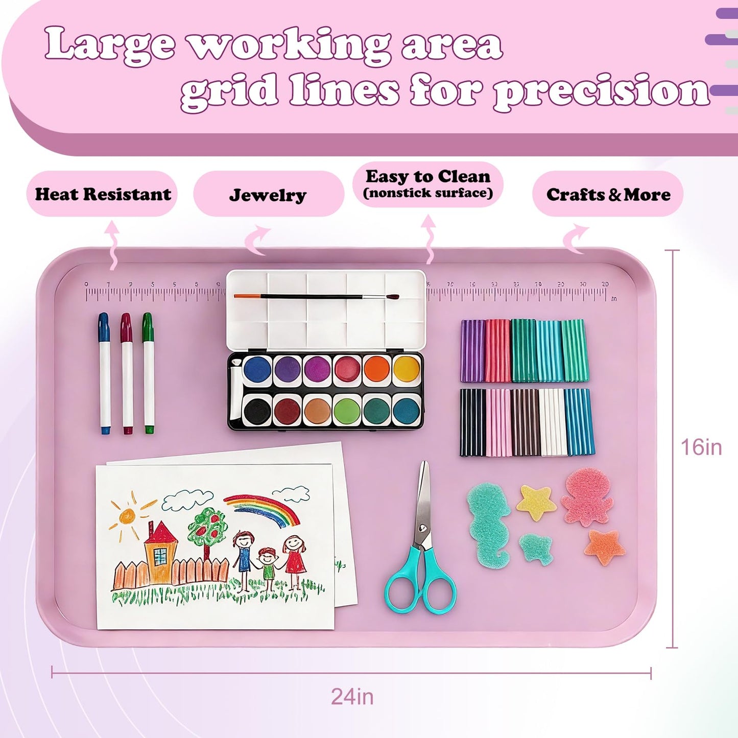 Silicone Art Mat for Crafts, 24"x16" Silicone Craft Mat with Raised Sides to Protects Surfaces Perfectly for Painting, Resin, Legos, Slime, Jewelry-Making, DIY (Pink)