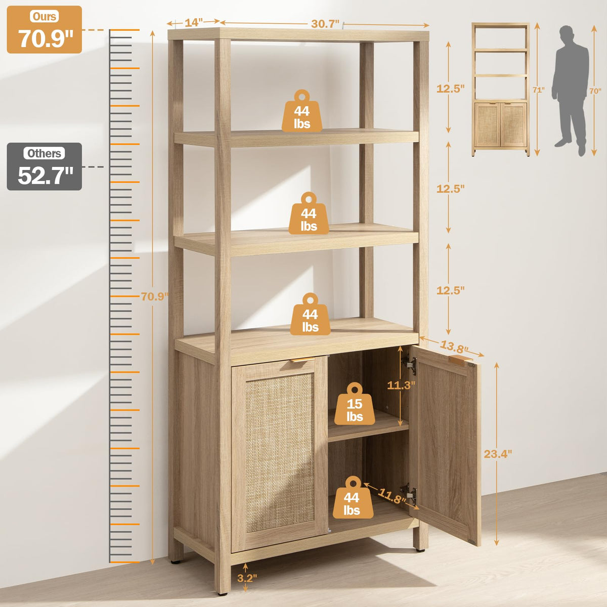 SICOTAS Bookshelf 5 Tier Book Shelf Rattan Boho 71" Tall Bookcase with Doors Storage Shelves Large Bookshelves Farmhouse Bookcases Library Book Case for Living Room Bedroom Home Office Kitchen
