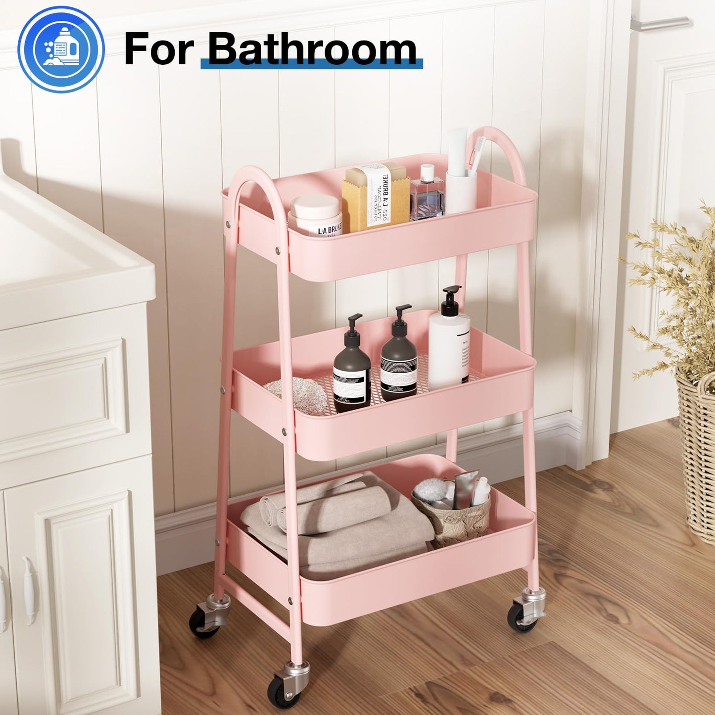OLIXIS Metal 3 Tiers Utility Rolling Cart, Mobile Storage Shelf with Lockable Caster Wheels, Organization for Livingroom, Bathroom & Narrow Places, Pink