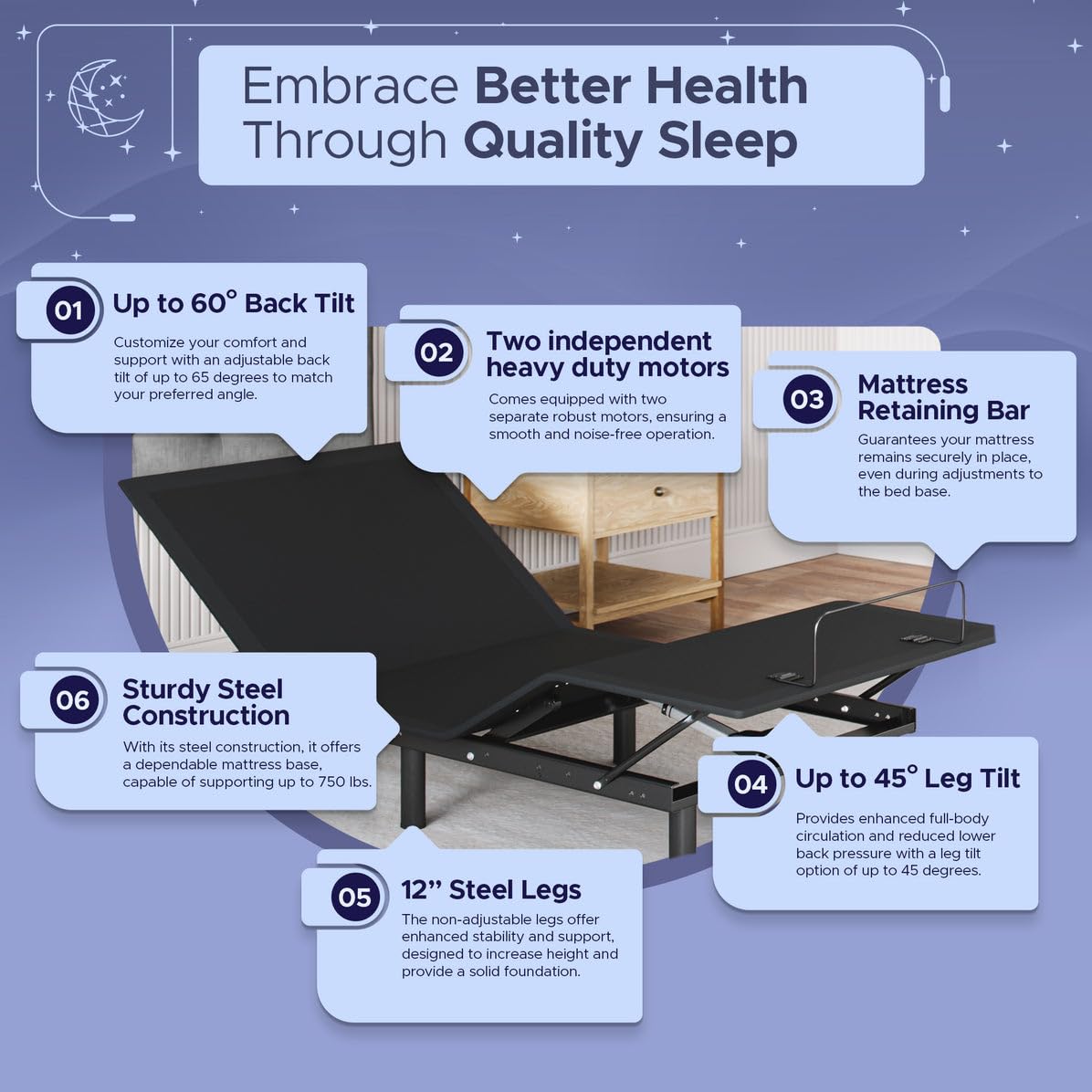 Celestial Sleep Aurora Adjustable Bed Base (Frame Only), Easy Assembly, Head and Foot Lift, Zero Gravity, Memory Positions - Twin XL