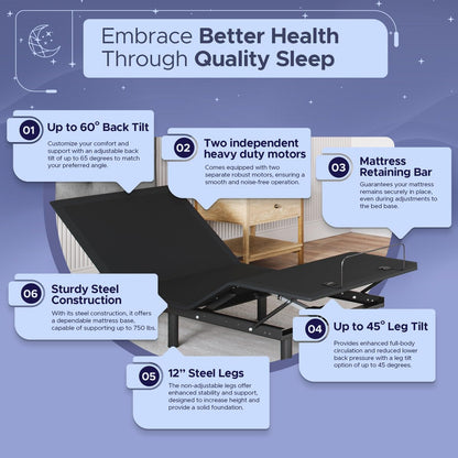 Celestial Sleep Aurora Adjustable Bed Base (Frame Only), Easy Assembly, Head and Foot Lift, Zero Gravity, Memory Positions - Twin XL