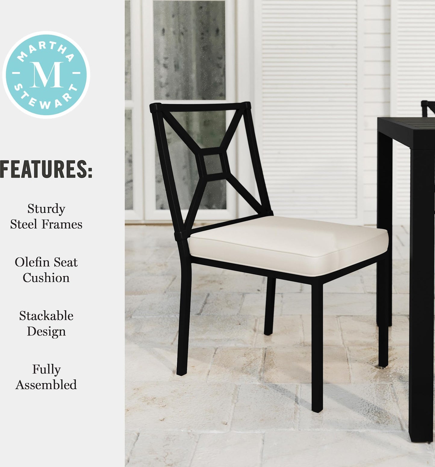 Martha Stewart Lily Pond All-Weather Stackable Patio Chairs with Elevated Backrest Design and Steel Frames in Black with Cream Cushions, Set of 2