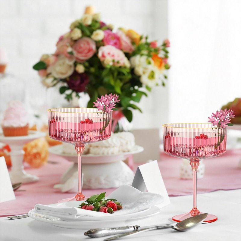 HKSZEH 12 PCS Ribbed Coupe Glasses Pink Plastic Champagne Coupe Cup 10oz Detachable Gold Rim Espresso Martini Glass Vintage Margarita Glassware Cocktail Glass for Wedding Bachelorette Party