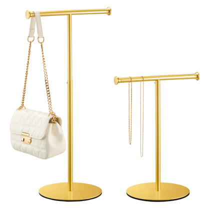 niffgaff 2 Pack 15‘’-24‘’ T Bar Purse Display Stand Tabletop: Adjustable Height Handbag Holder, Countertop Hanging Rack for Long Necklace Scarf Lanyard, Gold