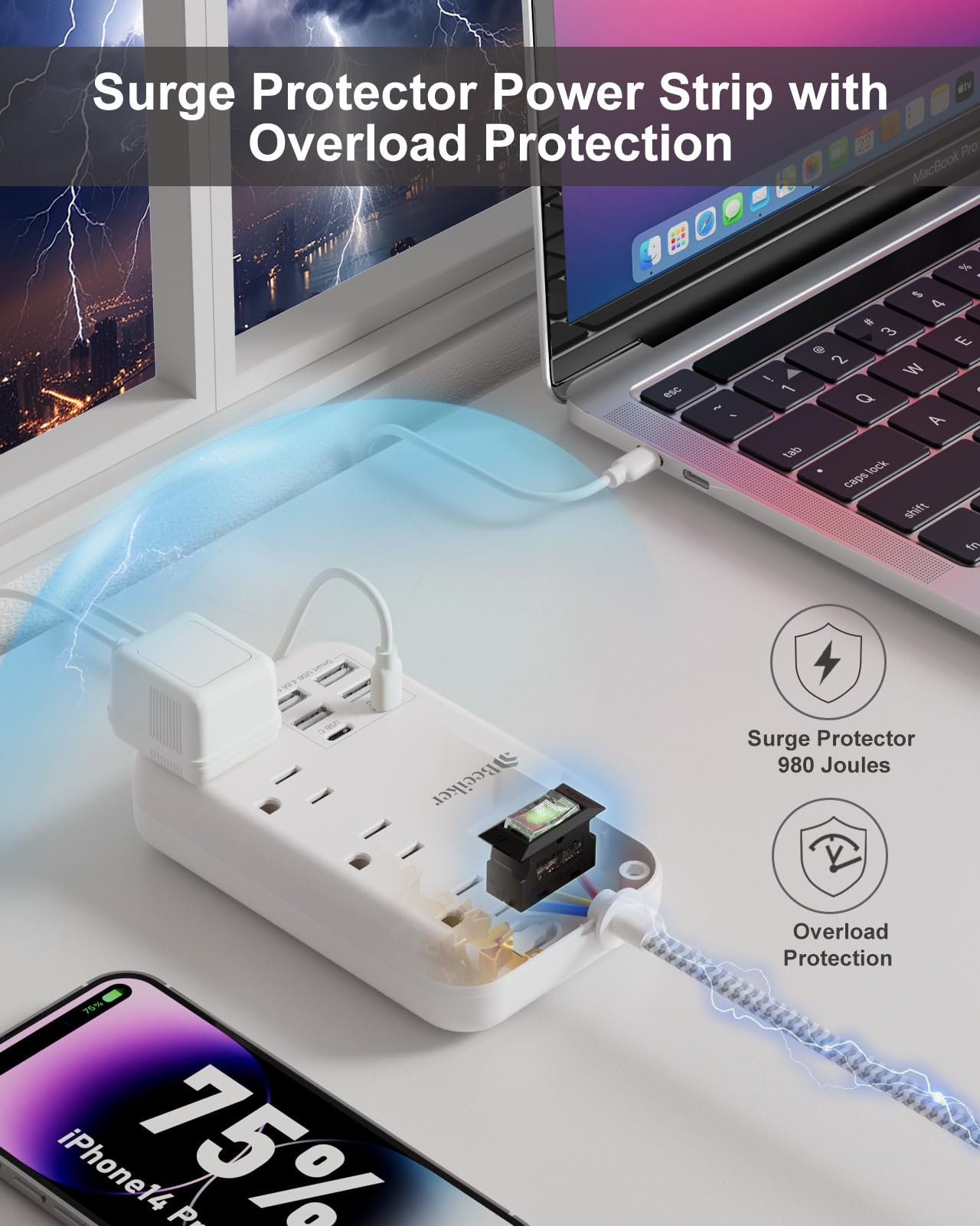 6 USB(2 USB C) Purple Travel Power Strip- 5Ft Lavender Extension Cord with 24W USB Charging Station and 4 Outlets, Purple Desk Accessories with Surge Protector for Cute Kawaii Office Dorm Room