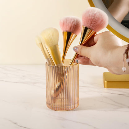 DASITON Makeup Brush Holder Organizer, Crystal Cosmetic Makeup Brushes Storage Holder, Glass Make Up Brush Holder, Vintage Striped Make Up Cup Desk Pen Pencil Holder, Toothbrush Holders (Coffee S)