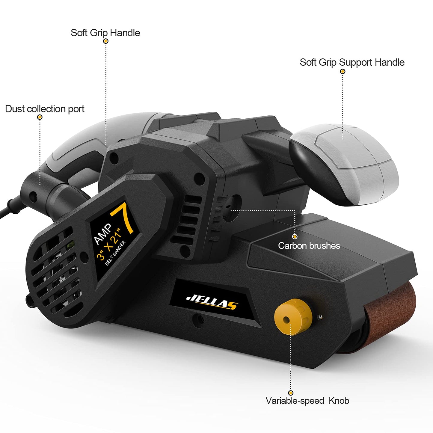 Jellas 3 × 21-Inch Belt Sander with Dust Bag, 7Amp Sander Machine with Variable-speed Control, 2 in 1 Vacuum Adapter, 10Feet (3 meters) Length Power Cord, Belt Sanders for Woodworking BS750-SD