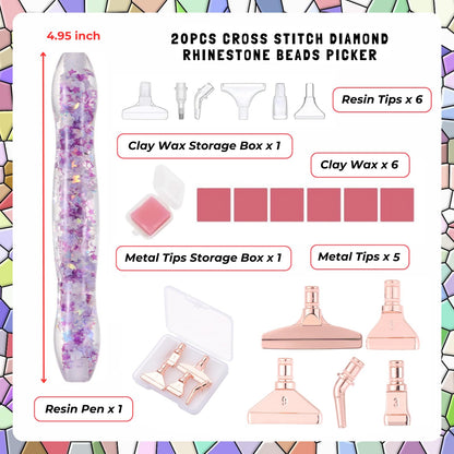 FOVIUPET 20pcs Diamond Painting Art Drill Pen Set, Resin Luminous 5D Point Drill Pen Tools with Metal/Resin Tips, Cross Stitch Diamond Rhinestone Beads Picker DIY Nail Art Embroidery Tools (Purple)
