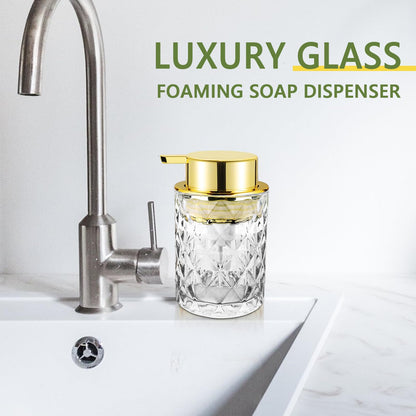 Abriclo Glass Foaming Soap Dispenser 2 Pack Refillable Foaming Hand Soap Dispenser with Gold Large Pump Wide Opening for Bathroom Kitchen Countertop Modern Home Decor with Elegant Pattern, Transparent