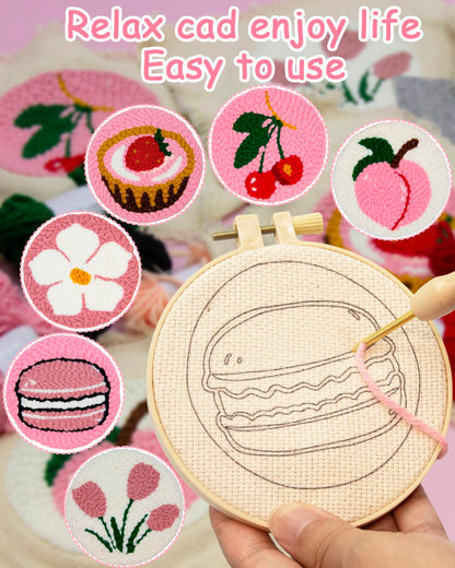Punch Needle Kit for Beginners Adults Kids, 6 Pattern Embroidery Punch Needle Kits, Easy Needle Punch Embroidery DIY Kit Set Tufted Rug Punch Decoration with Patterns, Tools, Yarns, Hoop, Instruction