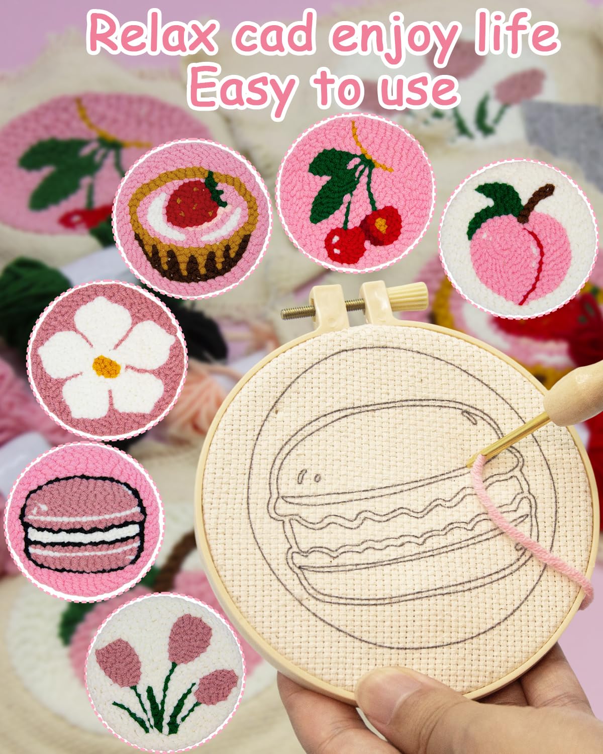 Punch Needle Kit for Beginners Adults Kids, 6 Pattern Embroidery Punch Needle Kits, Easy Needle Punch Embroidery DIY Kit Set Tufted Rug Punch Decoration with Patterns, Tools, Yarns, Hoop, Instruction