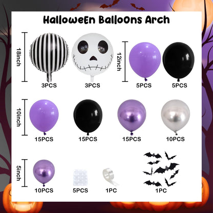 Skull Halloween Birthday Party Decorations Metallic Purple Black Silver Balloon Garland Arch Kit with Stripe Skull Balloons for Ghost Skeleton Trunk or Treat Halloween Birthday Baby Shower Decorations