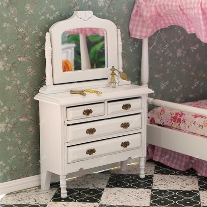 iLAND Dollhouse Furniture Bedroom Set Doll House Mini Bed for Dolls Wooden Miniature Furniture with 1 12 Scale Accessories Pink Dollhouse Accessories Decor