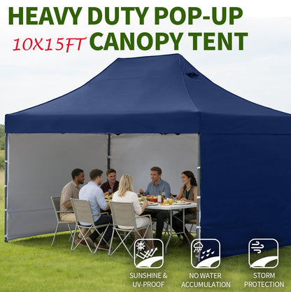 10x15 Heavy Duty Pop Up Canopy Tent, Outdoor Commercial Easy Up Canopy Outdoor Party Tents with 3 Removable sidewalls and Wheeled Bag for Events, Parties, Weddings (Navy Blue)