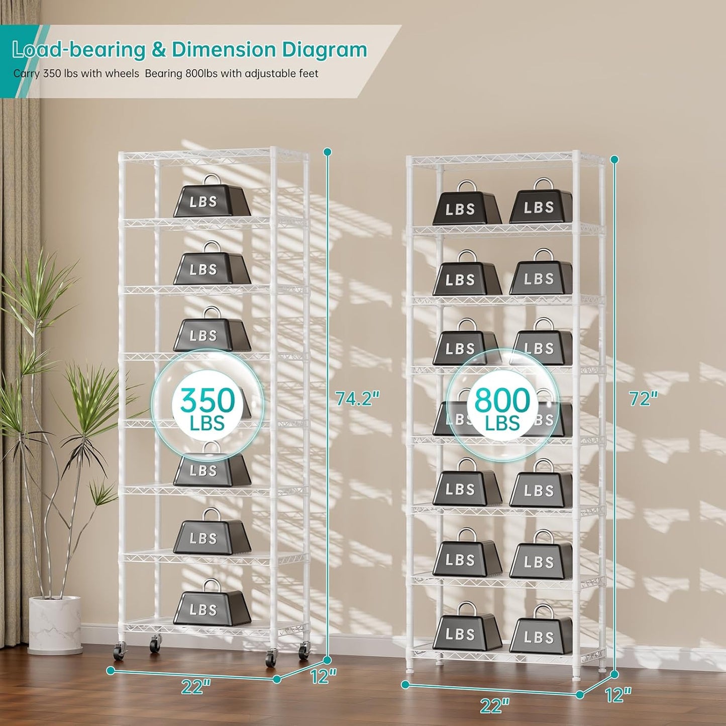 SINGAYE 8-Tier Metal Shelf Organizer - Adjustable Wire Shelving Unit for Kitchen, Garage, or Bathroom | 12" D x 22" W x 74" H - White