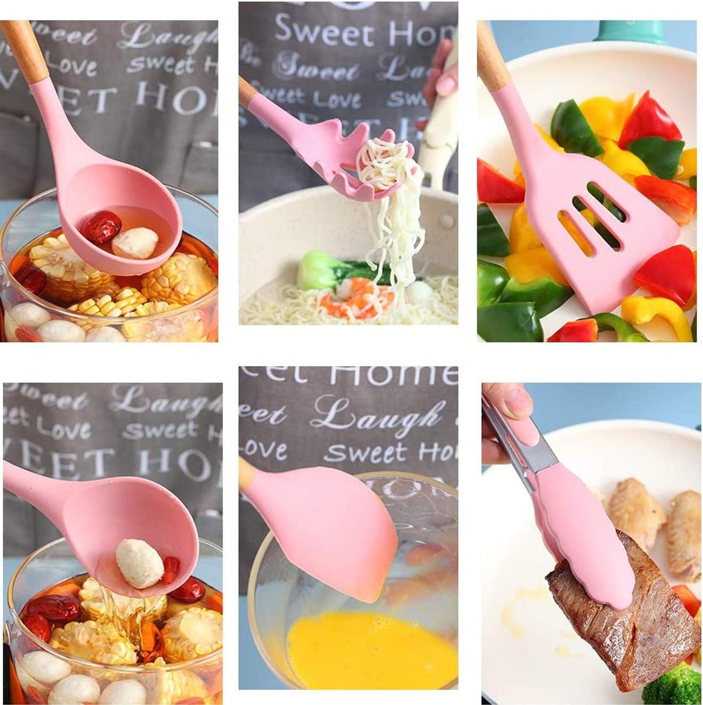 Silicone Cooking Utensil Set, 12 Pieces with Wooden Handles, Kitchen Spatula Sets with Holder Spoon Turner Tongs