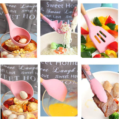 Silicone Cooking Utensil Set, 12 Pieces with Wooden Handles, Kitchen Spatula Sets with Holder Spoon Turner Tongs