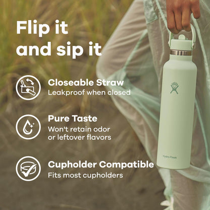 Hydro Flask Water Bottle - Insulated Stainless Steel - Straw Lid, Non Spill, Leakproof 24 Oz Black